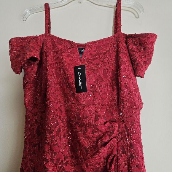 Candlelite NWT Lace Sequin Off The Shoulder Red Formal Cocktail Maxi Dress Large - Picture 4 of 8